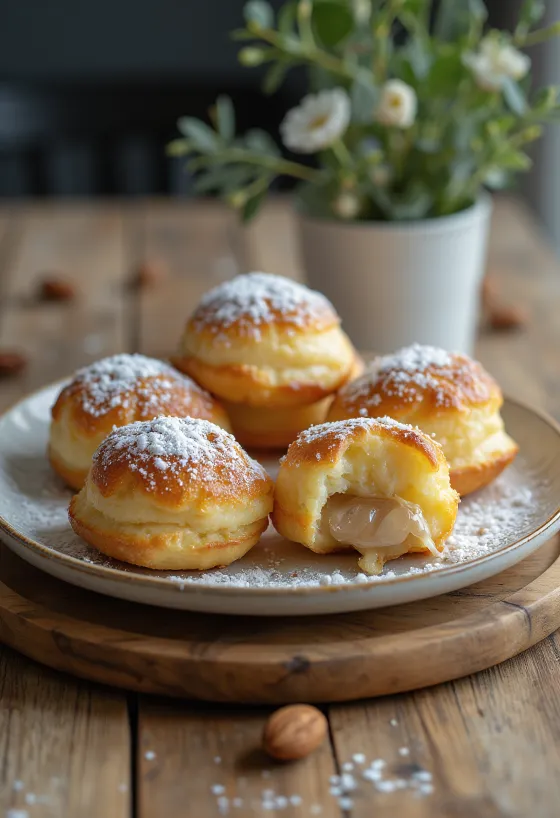 Æbleskiver med mandelfyll, drysset med melis, servert i en bolle