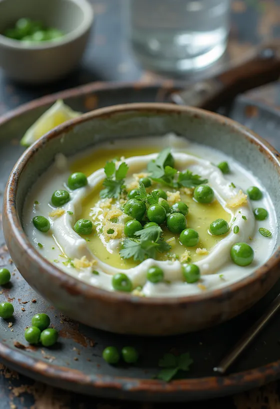 Erte-raita servert, pyntet med frisk mynte og erter
