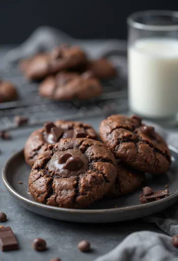 Rik sjokoladecookie med smeltet sjokolade og drysset med melis