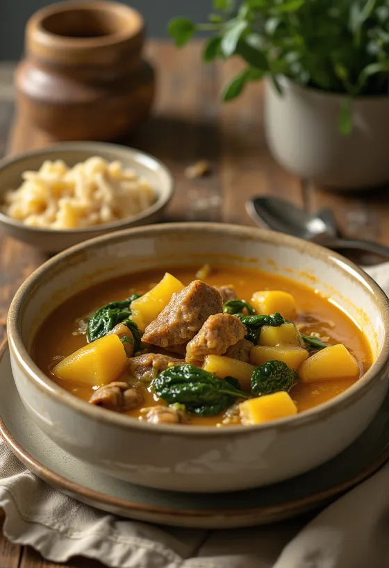 Egusi soup med geitekjøtt, rik, krydret suppe, servert med friske grønnsaker
