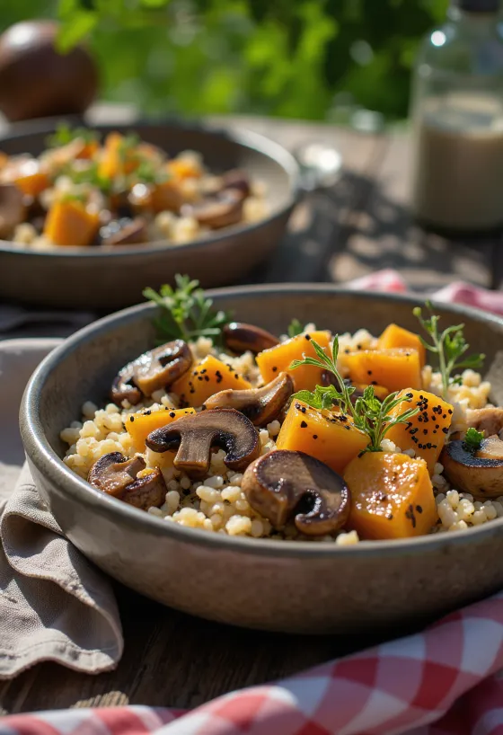Buddha bowl med sopp og quinoa servert med friske grønnsaker
