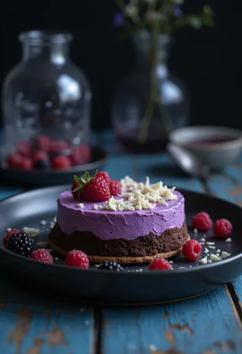 Sjokoladekake med fruktmousse servert i stykker