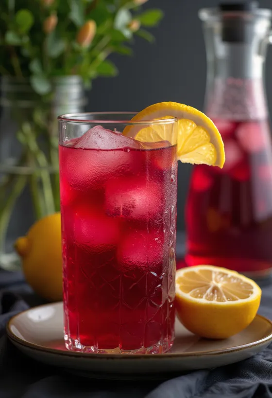 Dyp rød hibiskuslimonade servert i glass med is