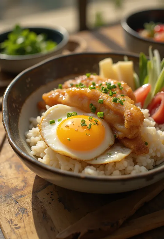 Katsudon, sprø panert svinekotelett med egg og karrisaus på ris