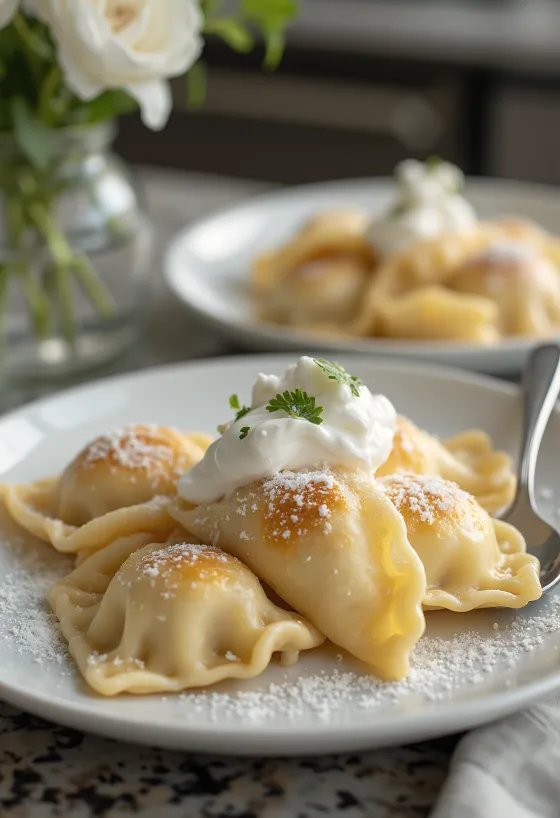 Polske pierogi med ferskost, servert med melis og rømme
