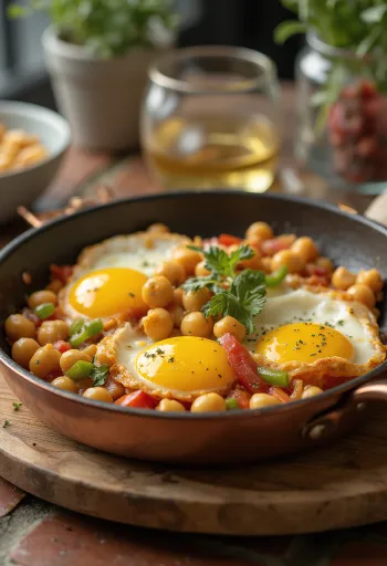 Menemen med kikerter servert med friske grønnsaker, med egg på toppen
