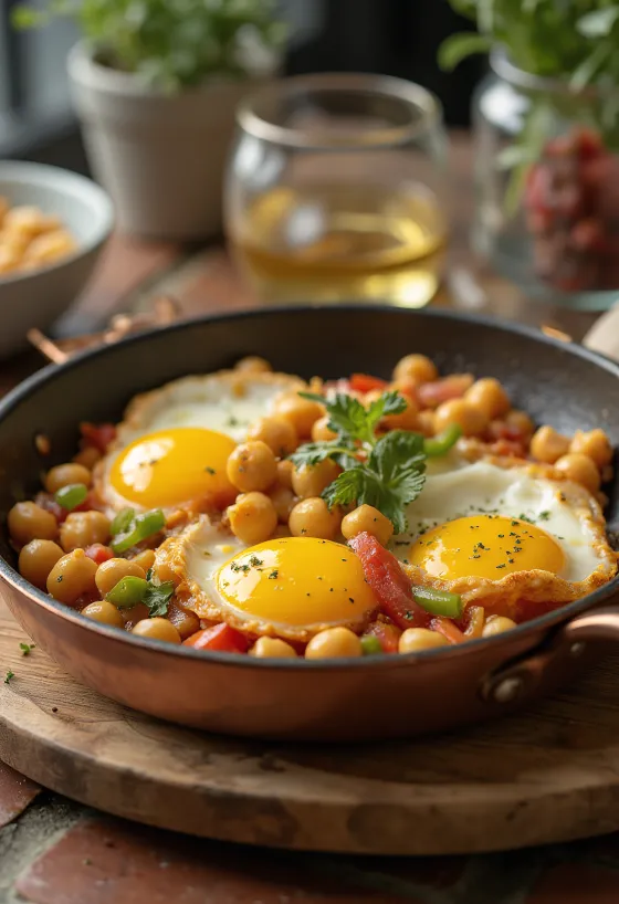 Menemen med kikerter servert med friske grønnsaker, med egg på toppen