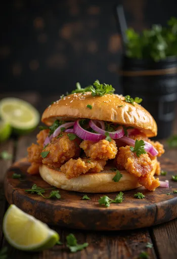 Pan con chicharrón med koriander, servert med sprøtt svinekjøtt og frisk koriander.