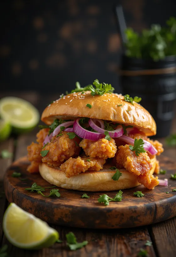 Pan con chicharrón med koriander, servert med sprøtt svinekjøtt og frisk koriander.