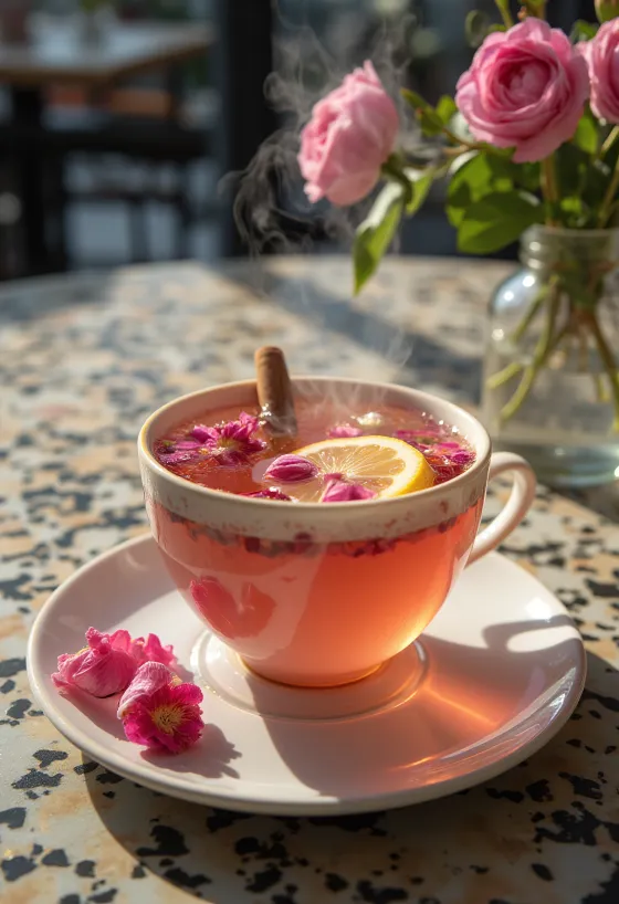 Cider med roseblader i krus