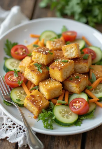 Stekt tofu servert med grønnsakssalat