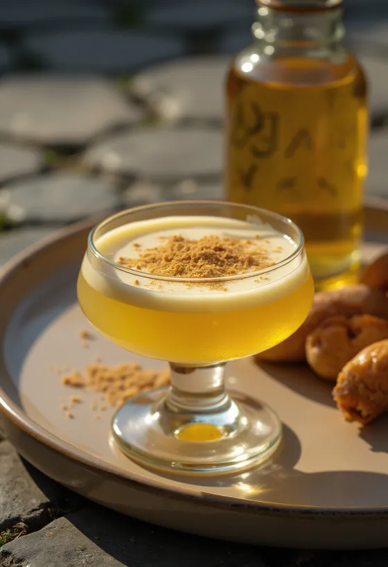 Hjemmelaget eggelikør i flaske, toppet med revet muskatnøtt.