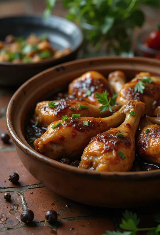 Adobo med kjøtt, servert i soyasaus og hvitvinssaus, pyntet med friske urter