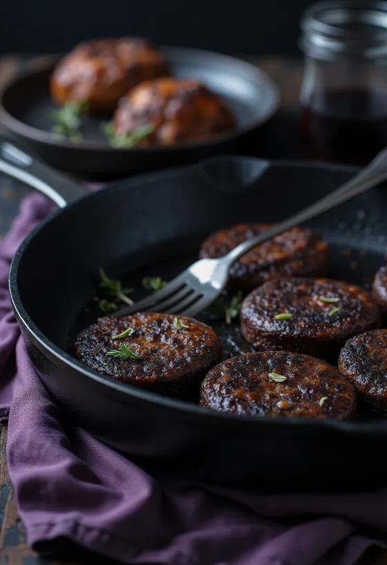 Klassisk black pudding, servert med stekt storfekjøtt, pepperrot og frisk persille