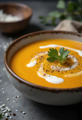 Søtpotetsuppe servert med kokosmelk og persille