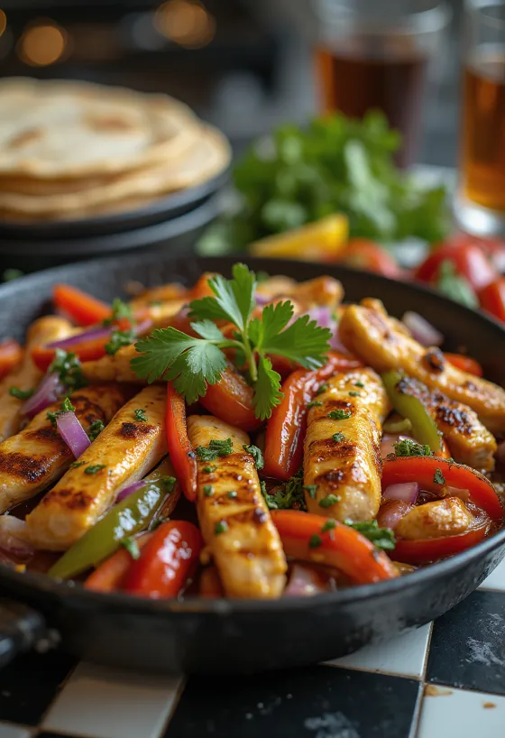Fajitas med kylling og paprika servert