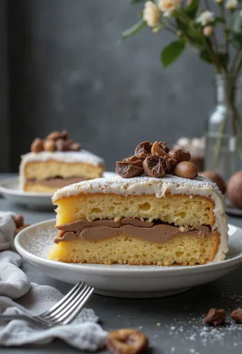 Kastanjekake kuttet i stykker, pyntet med sjokolade
