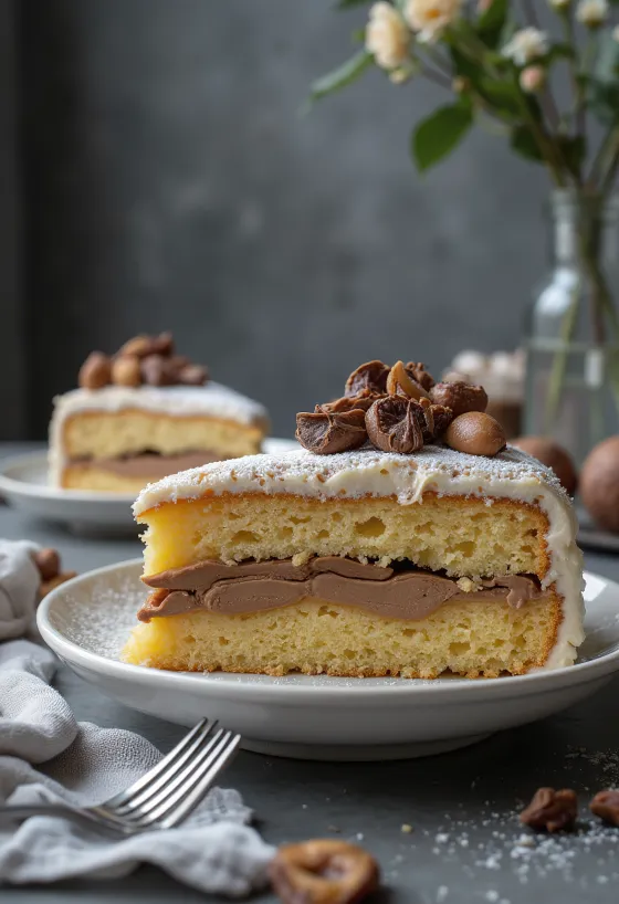 Kastanjekake kuttet i stykker, pyntet med sjokolade