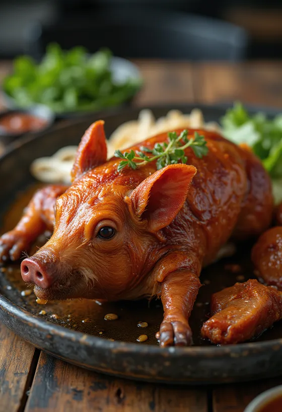 Lechon, stekt gris med sprø svor servert