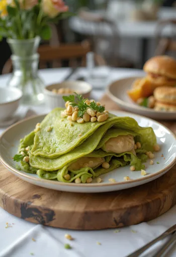 Martabak manis med matchapulver, pyntet med kondensert melk og peanøtter