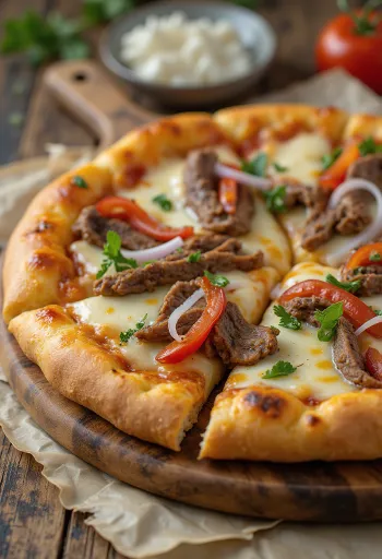 Philly cheesesteak pizza med biffstrimler og paprika
