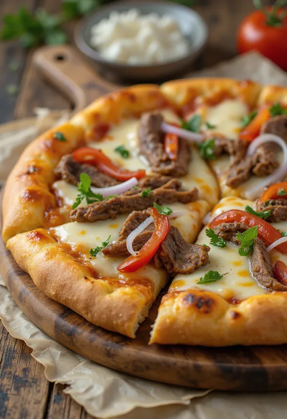 Philly cheesesteak pizza med biffstrimler og paprika