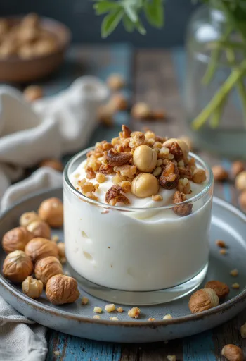 Probiotisk yoghurt med ristede hasselnøtter i skåler, drysset med grovhakkede nøtter