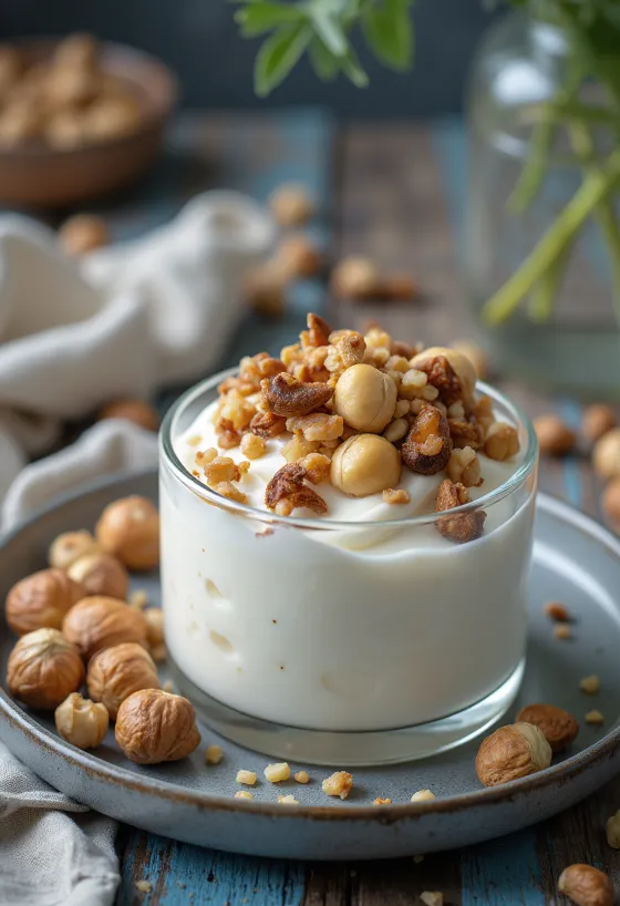 Probiotisk yoghurt med ristede hasselnøtter i skåler, drysset med grovhakkede nøtter