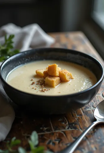 Bakt sellerirotsuppe servert med ristede brødkrutonger