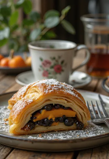 Strudel med gresskar og valmuefrø stekt gyllenbrun, drysset med melis