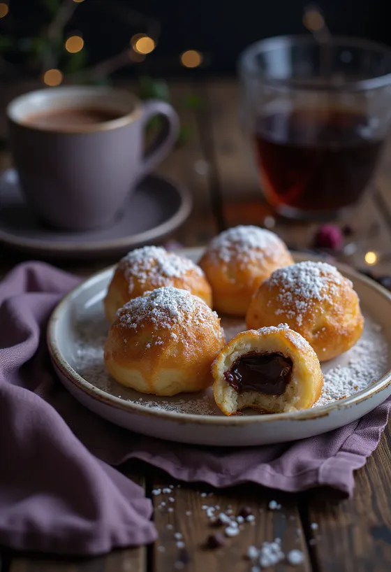 Nystekte æbleskiver servert med sjokoladekrem og melis