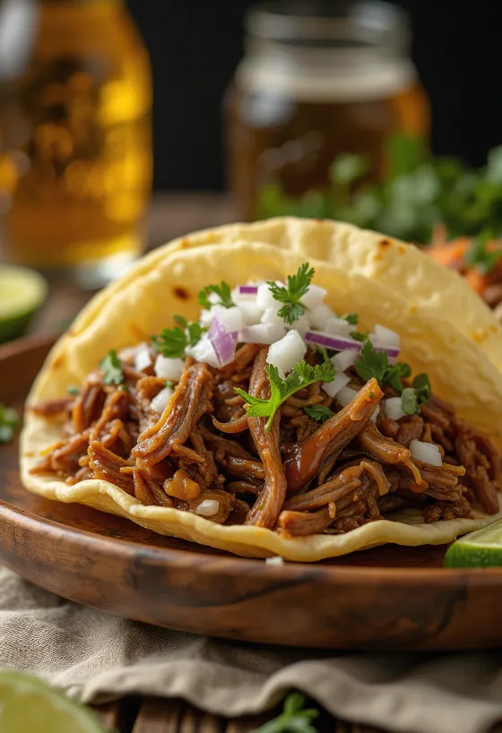 Barbacoa servert med tortilla og limeskiver