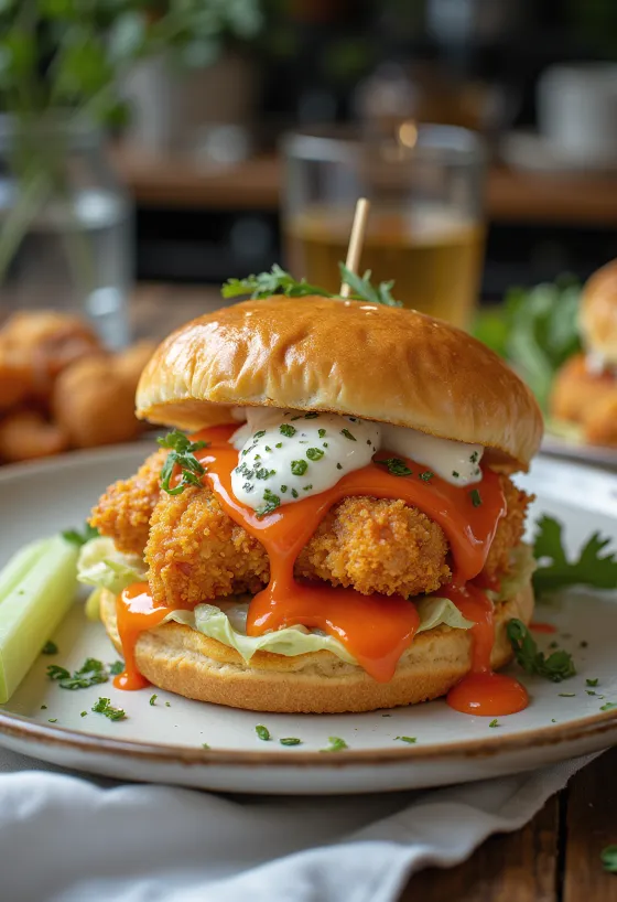 Sprø panert kyllingburger i buffalosaus