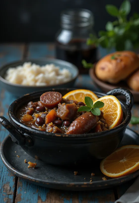 Feijoada servert med ris og appelsinskiver