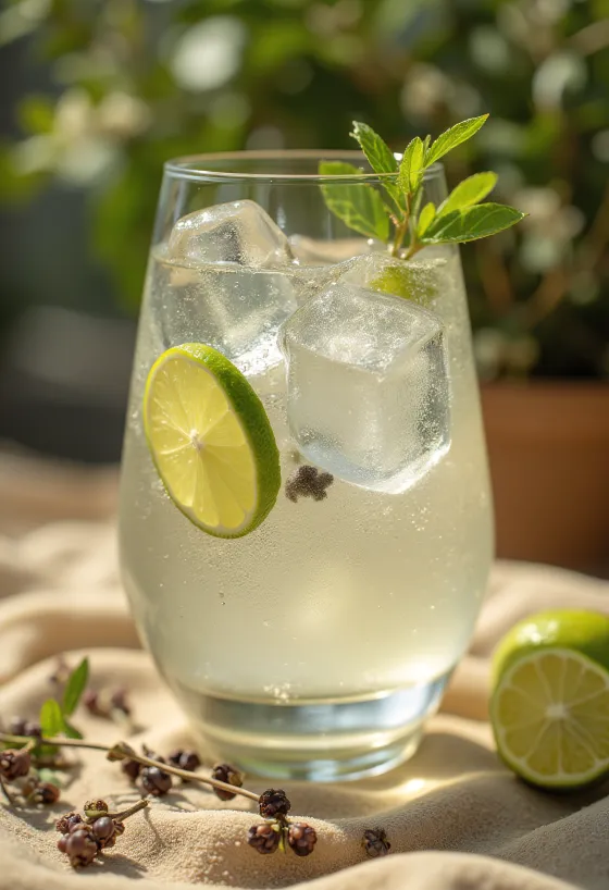 Gin Tonic pyntet med limeskiver og isbiter