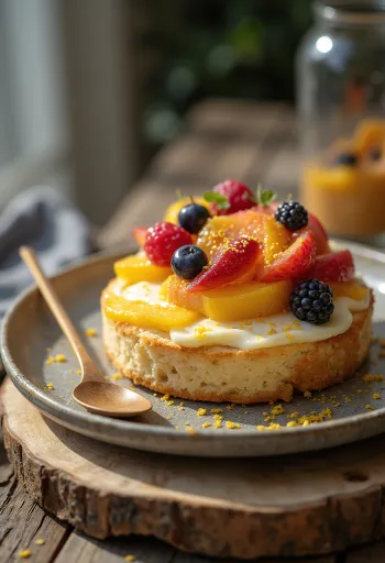 Frukt- og kesamkake servert i stykker