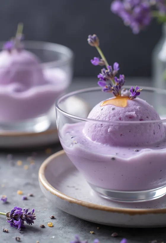 Parfait med lavendel og honning servert
