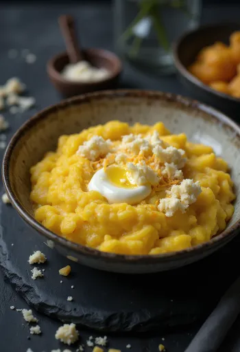 Nykokt, kremet polenta servert med smør og ost, på et trefat.