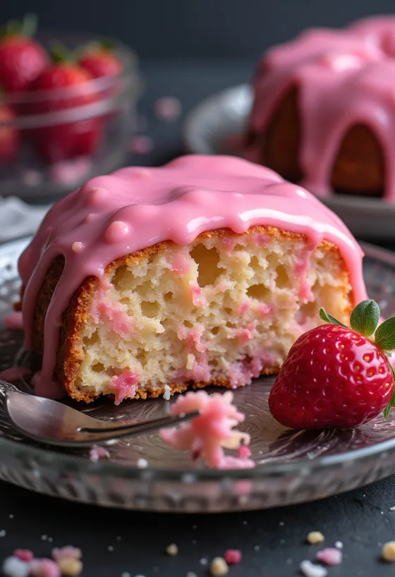 Rosa glasert punsj-kake skåret i stykker