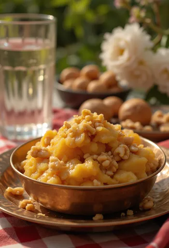 Aate ka Halwa med rike kryddersmaker, brente nøtter og rosevann.