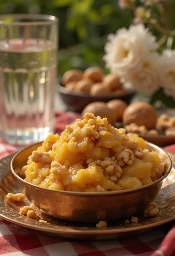 Aate ka Halwa med rike kryddersmaker, brente nøtter og rosevann.