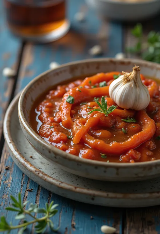 Ajvar med olivenolje servert, pyntet med friske urter