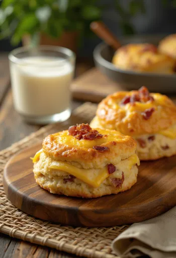 Ost- og baconrundstykker servert