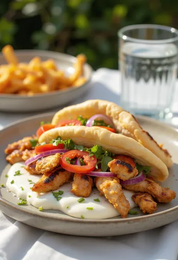 Gyros med kylling servert i pitabrød