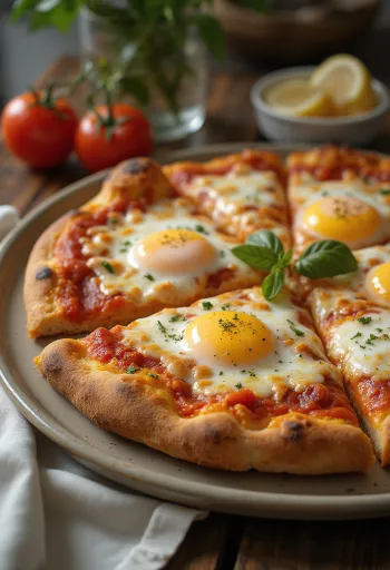 Pizza a Caballo med speilegg, tykk bunn og mozzarella