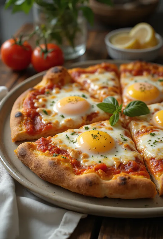 Pizza a Caballo med speilegg, tykk bunn og mozzarella