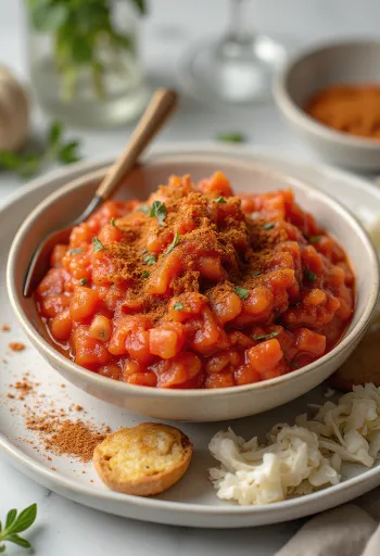 Rosmarin- og paprikabasert tomatsaus i en skål, pyntet med frisk rosmarin og paprika.