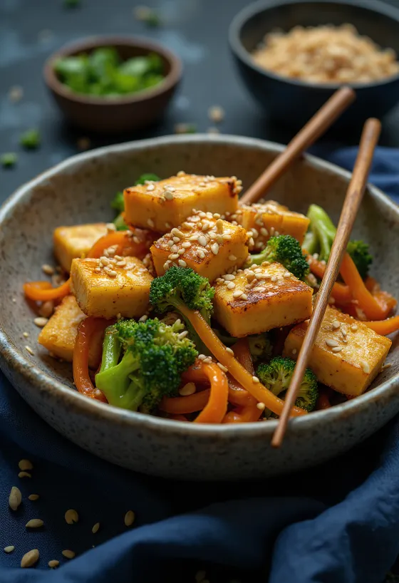 Bakt tofu-bowl med grønnsaker servert