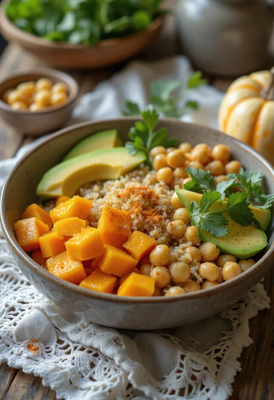 Buddha bowl med gresskar, friske grønnsaker og quinoa
