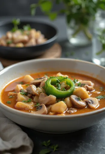 Bakonyi røversuppe servert med rikelig med grønnsaker og røkt kjøtt